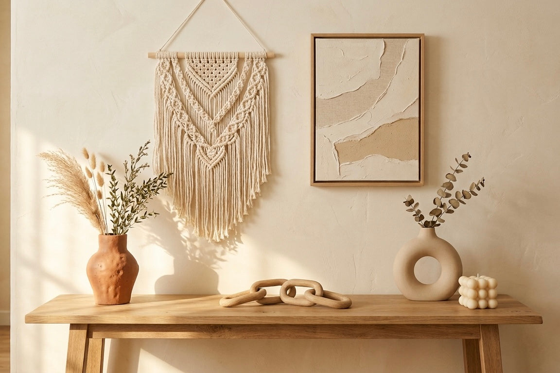 Boho-style console table vignette with a macramé wall hanging, terra cotta vase, ceramic donut vase, wooden chain link sculpture, and framed textured wall art